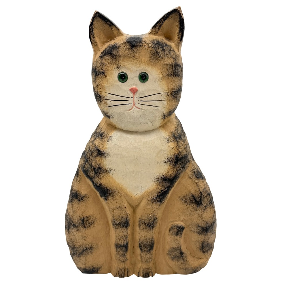 James Haddon Hand Carved Wood Tabby Cat Figurine Folk Art Signed Sculpture 10in